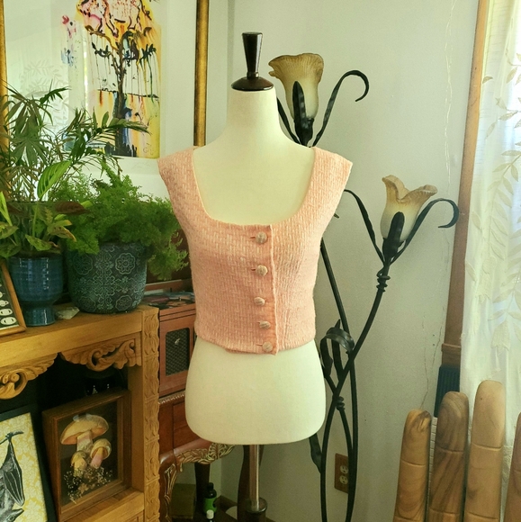 Vintage 50s Pink Woven Button Up Crop Top - Picture 2 of 6